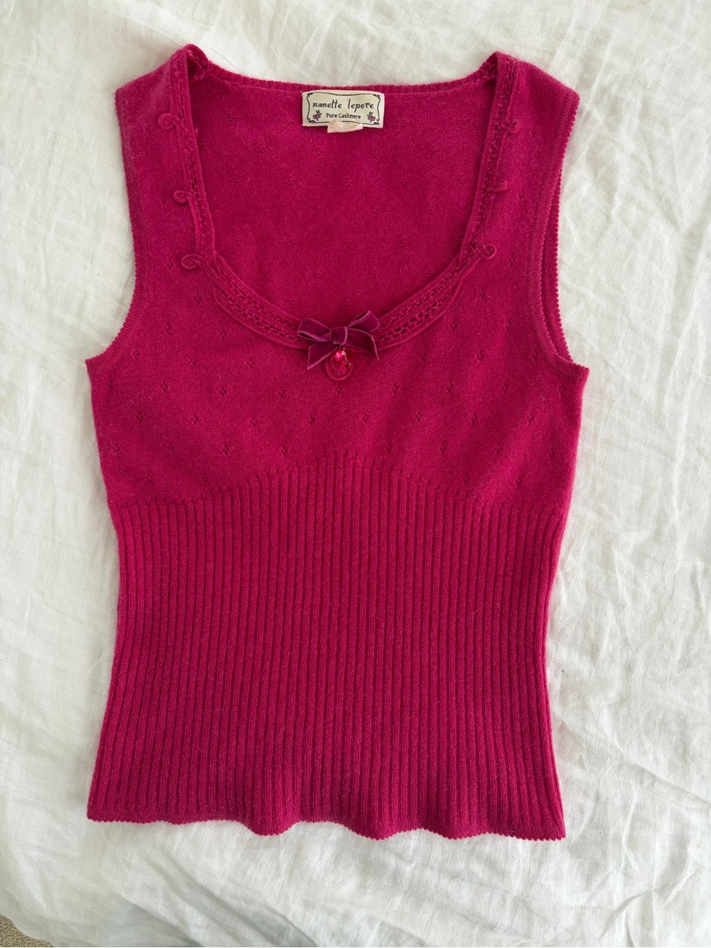Rare Nanette Lepore in hot pink pointelle cashmere tank in S